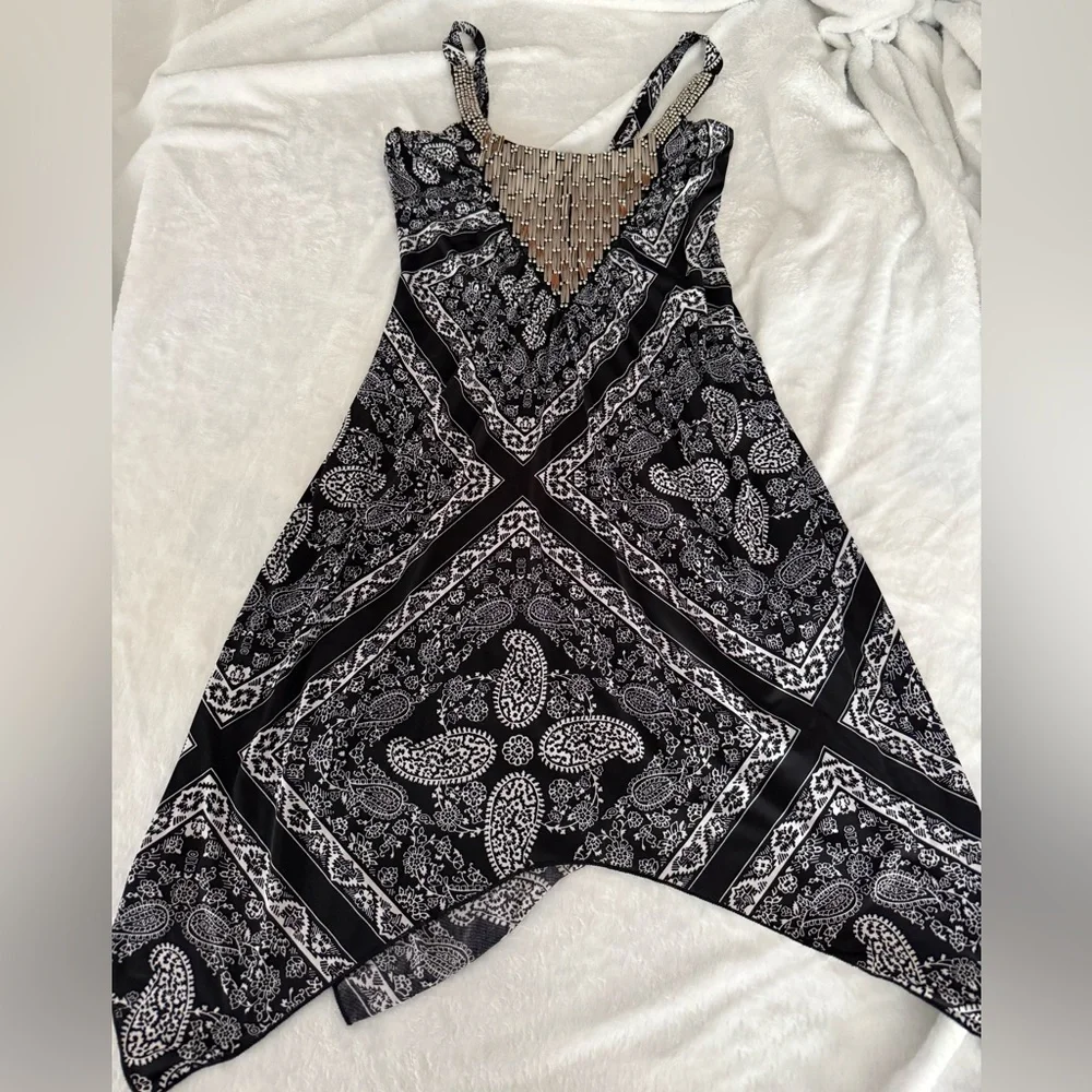 Venus Paisley Bandana Print Beaded Black White Sleeveless Dress XS - Picture 1 of 7